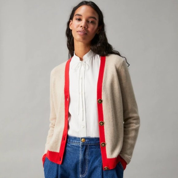 $398 Tory Burch Color-Block Cashmere Cardigan Rolled Oats / Brillian Red size M - Picture 2 of 3